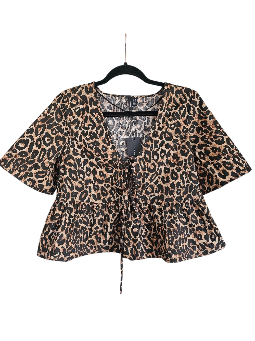 Vero Moda Leopard Print Tie-Front Peplum Top - Black & Tan